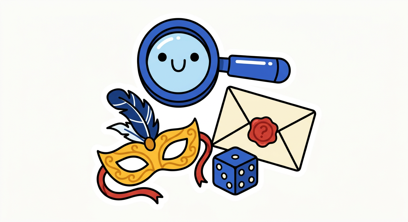 Une loupe souriante, un masque de bal, un dé et une enveloppe scellée, les objets du jeu d’enquête